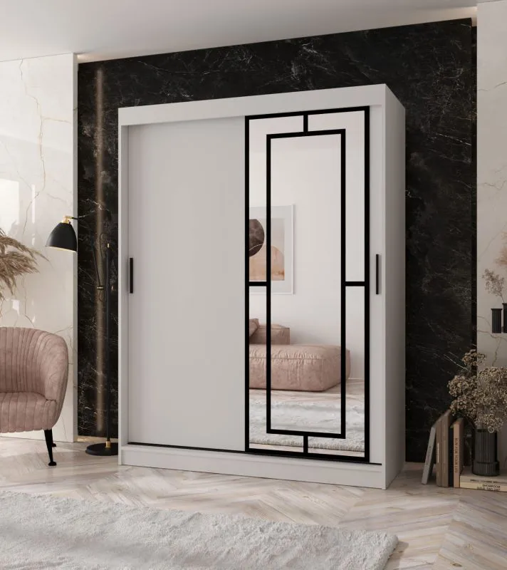 Penderie / Blanc mat / 5 compartiments / 2 tringles / Finition haut de gamme / 150 x 62 x 200 cm / Armoire à portes coulissantes / Porte miroir décorative