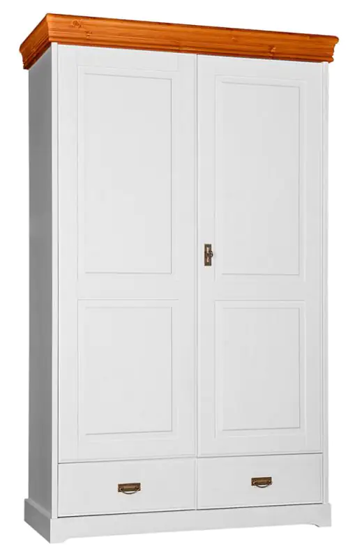 Jabron 03 armoire à portes battantes / penderie, pin massif, Couleur : Blanc / pin - 218 x 132 x 62 cm (H x L x P)