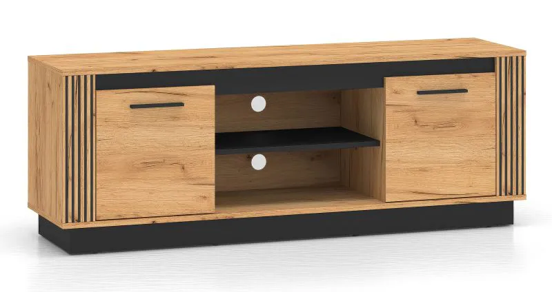 Meuble TV / Meuble bas TV avec deux trous pour les câbles Dagali 08, Couleur : Chêne / Noir, deux portes, quatre compartiments, fonction Soft-Close, protection des chants ABS