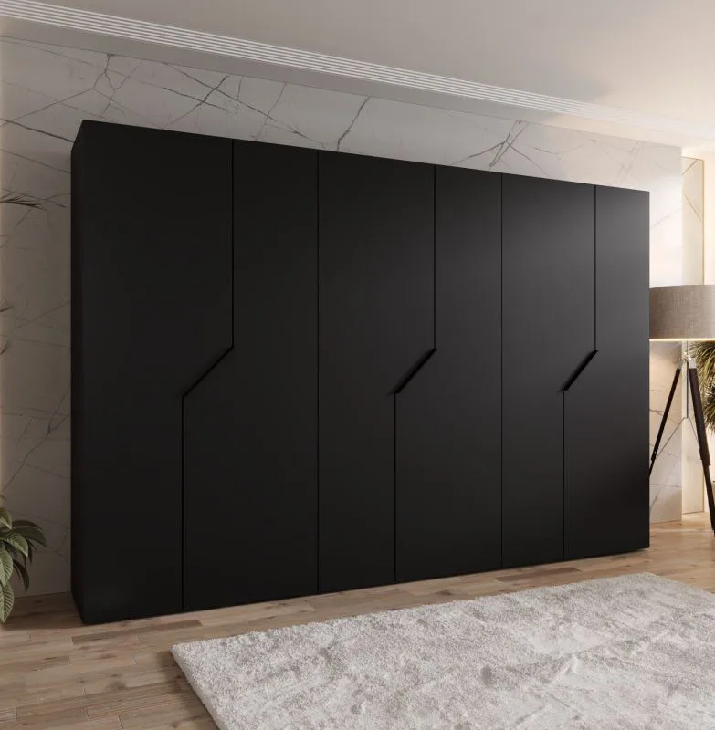 Armoire à portes battantes / Couleur : Noir / 6 portes / 3 tringles à vêtements / Chants ABS / Poignées : Noir / Dimensions : 300 x 52 x 202 cm / Fonction Soft-Close / 3 compartiments