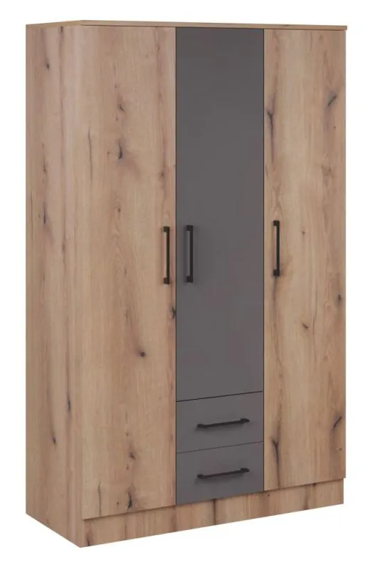 Armoire à portes battantes / Penderie Sidonia 01, Couleur : Chêne Artisan / Gris - Dimensions : 200 x 123 x 53 cm (H x L x P)