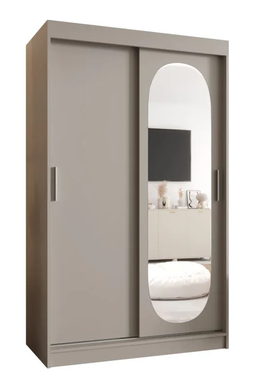 Armoire / Penderie à portes coulissantes Moldoveanu 08, couleur : cachemire, porte avec miroir ovale, largeur 1,2 mètres, cinq casiers, deux tringles à vêtements