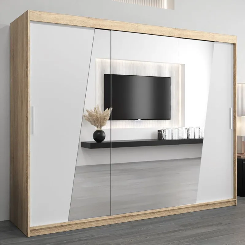 Armoire à portes coulissantes avec miroir Guajara 06 | Chêne Sonoma / Blanc mat | 200 x 250 x 62 cm