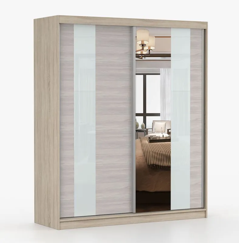 Armoire penderie à portes coulissantes 1,8 m avec miroir | Soie / Chêne | Gorski 09 | 218 x 183 x 61 cm | 2 portes | 6 compartiments