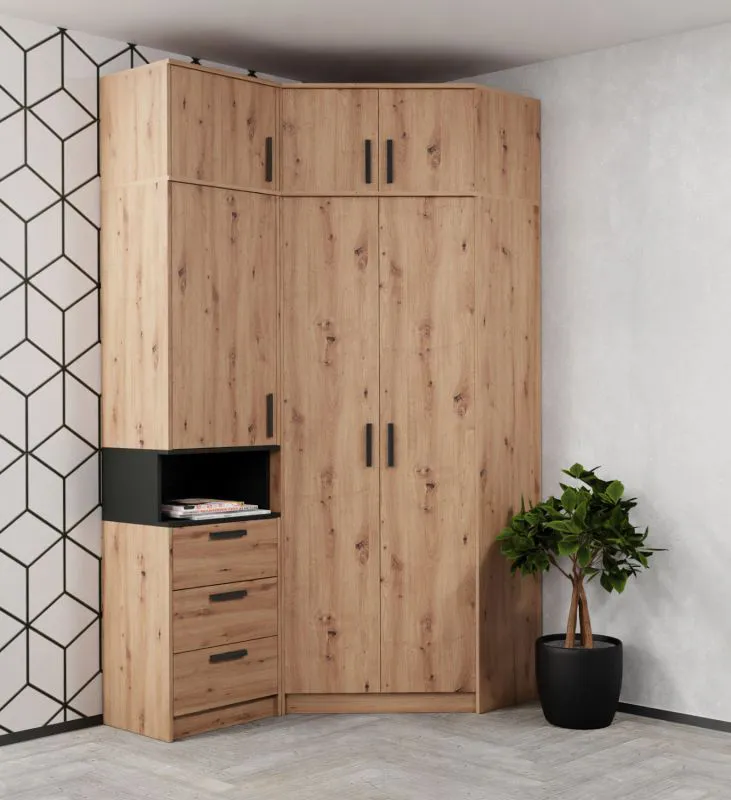 Armoire d'angle - Ensemble C Fafe / 4 pièces / Couleur : Chêne Artisan / Noir / Espace de rangement suffisant / Fonction Soft-Close / Penderie