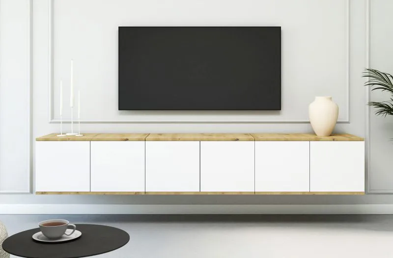 Meuble bas TV / Couleur : Chêne Artisan / Blanc / Fonction Push-to-open / 6 portes / 12 compartiments / 210 x 40 x 40 cm / Finition de haute qualité / Tableau TV
