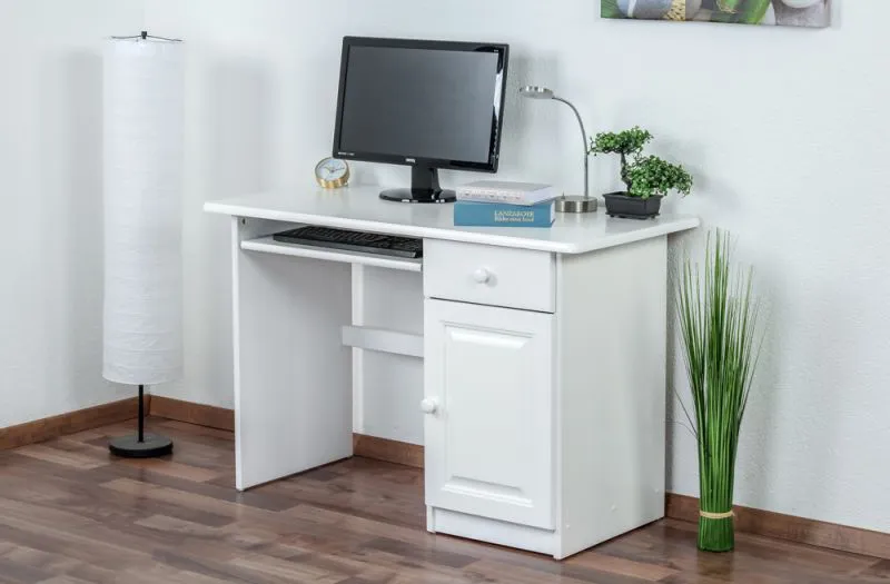 Bureau en pin massif blanc laqué 002 | 74 x 115 x 55 cm | 1 tiroir, 1 porte, tablette clavier