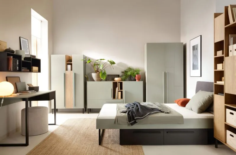 Chambre à coucher complète D Authie, 7 pièces, vert menthe / chêne foncé / noir, design agréable, couleurs harmonieuses, montage simple et rapide