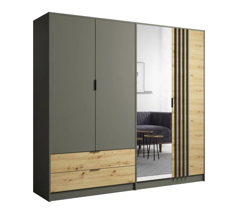 Armoire penderie avec miroir Dionysos 01 | 2,2 m de large | 2 tiroirs | Chêne Artisan & Gris Graphite | 2 tringles