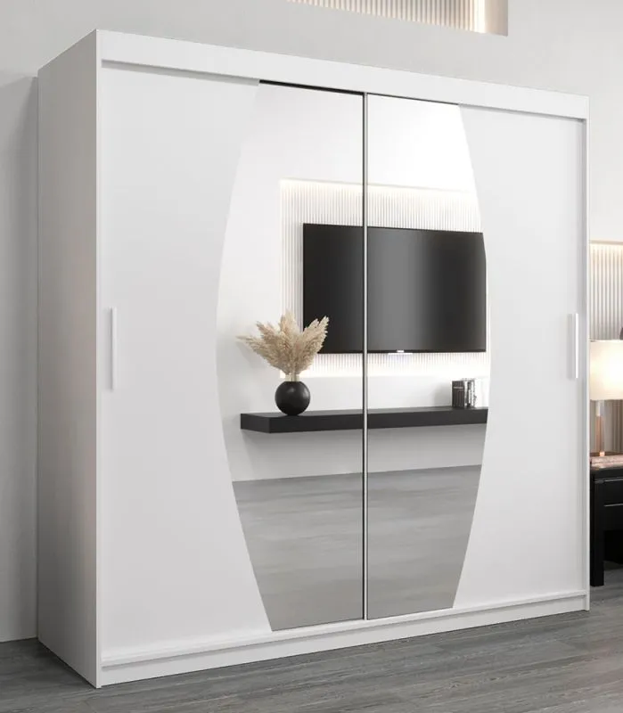 Armoire à portes coulissantes / Penderie Calvitero 05 avec miroir, Couleur : Blanc mat - Dimensions : 200 x 200 x 62 cm ( H x L x P)