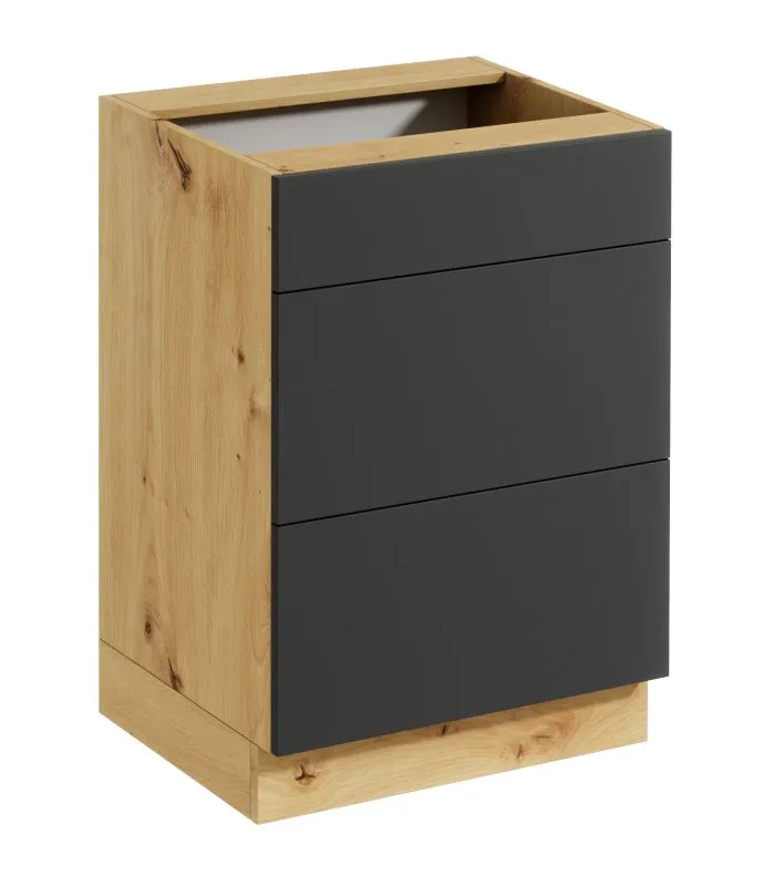 Meuble bas de cuisine / 3 tiroirs / Matterhorn 20 / Push-to-Open / Façade sans poignée / Chêne Artisan / Gris / 60 x 46,8 x 82 cm / 3 tiroirs