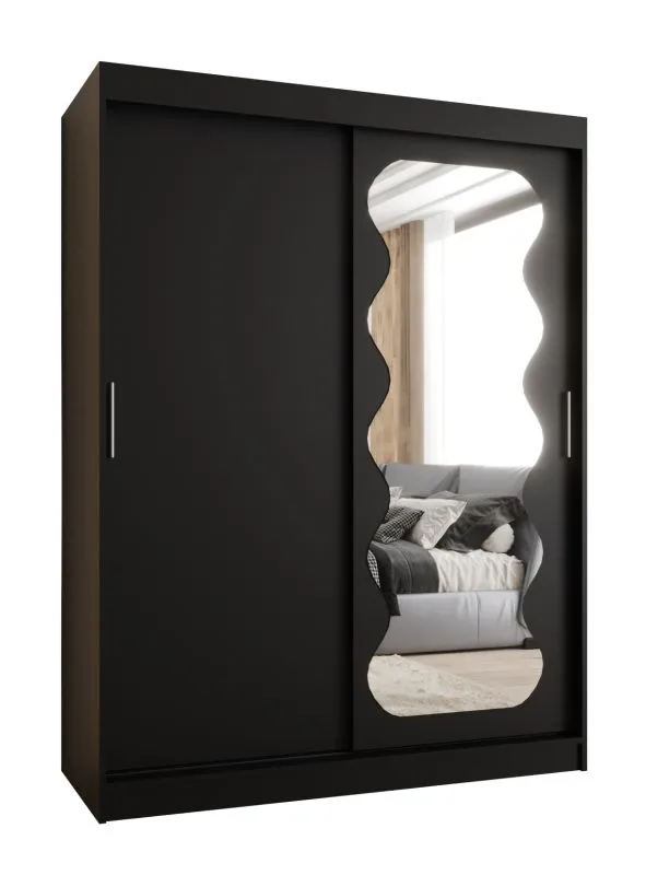 Armoire à portes coulissantes / Penderie Bernina 11, Couleur : Noir, largeur 1,5 m, une porte avec miroir, cinq casiers, deux tringles à vêtements, rails en aluminium