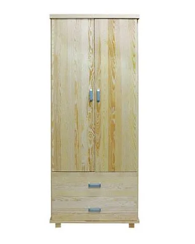 Étroite Armoire | 2 portes battantes | 2 tiroirs | 1 casier | avec tringle à vêtements | 80 cm de large | Bois massif | Couleur: Naturel Abbildung