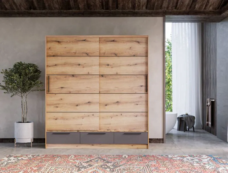 Armoire | 2 portes coulissantes | 3 tiroirs | 5 casiers | avec tringle à vêtements | 149 cm de large | Couleur: Gris / Chêne Abbildung