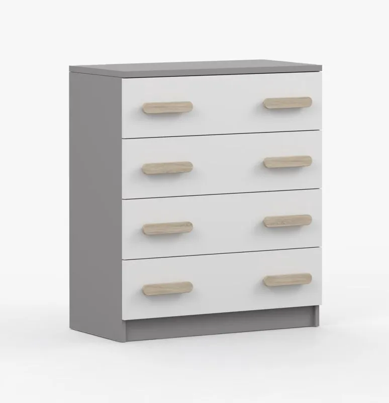 Commode Smolikas 15 | 80 cm large | Blanc & Gris | 4 tiroirs spacieux | Poignées bois brun | 90 x 80 x 40 cm