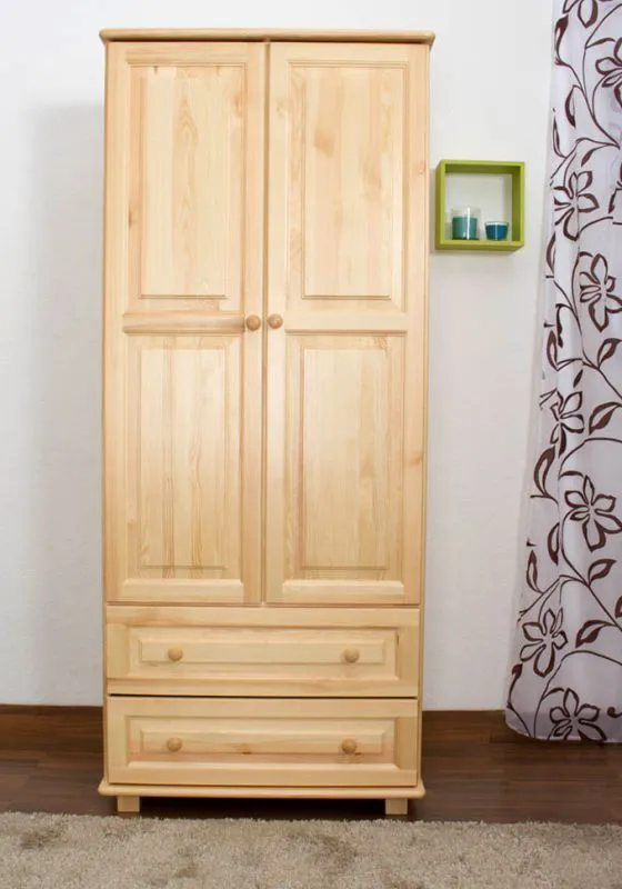 Armoire | 2 portes battantes | 2 tiroirs | 4 casiers | avec tringle à vêtements | 80 cm de large | Bois massif | Couleur: Naturel Abbildung