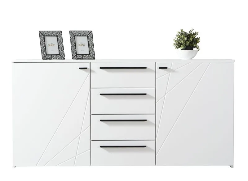 Buffet / Commode à quatre compartiments Bogati 05, Couleur : Blanc / Blanc brillant, deux portes, quatre compartiments, dimensions : 80,5 x 163 x 40 cm, chants ABS