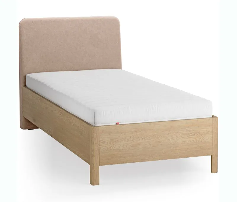 Lit simple / Couleur : Chêne / Écru / Chêne massif / Appuie-tête rembourré doux / 90 x 200 cm / Lit d'invité / Sommier à lattes inclus / Forme arrondie discrète