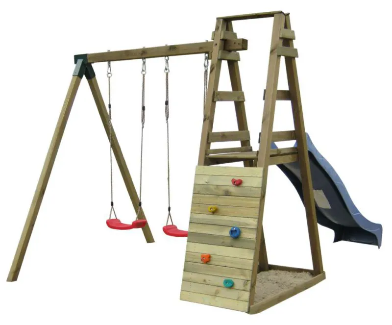 Balançoire double avec toboggan et mur d'escalade 1A - Dimensions : 245 x 205 cm