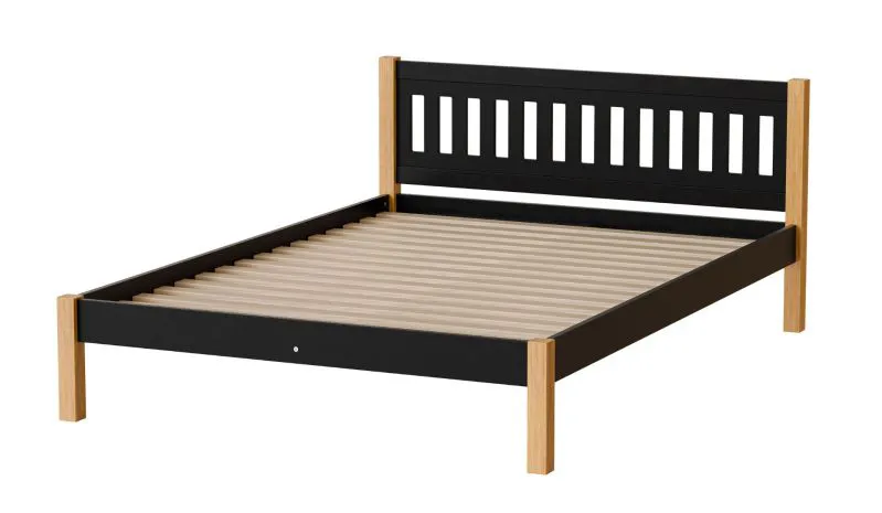 Lit d'appoint / lit simple Maive 03, surface de couchage : 140 x 200 cm, en noir / chêne naturel, pieds : 55 mm d'épaisseur, sommier à lattes inclus, partiellement massif, bois de pin