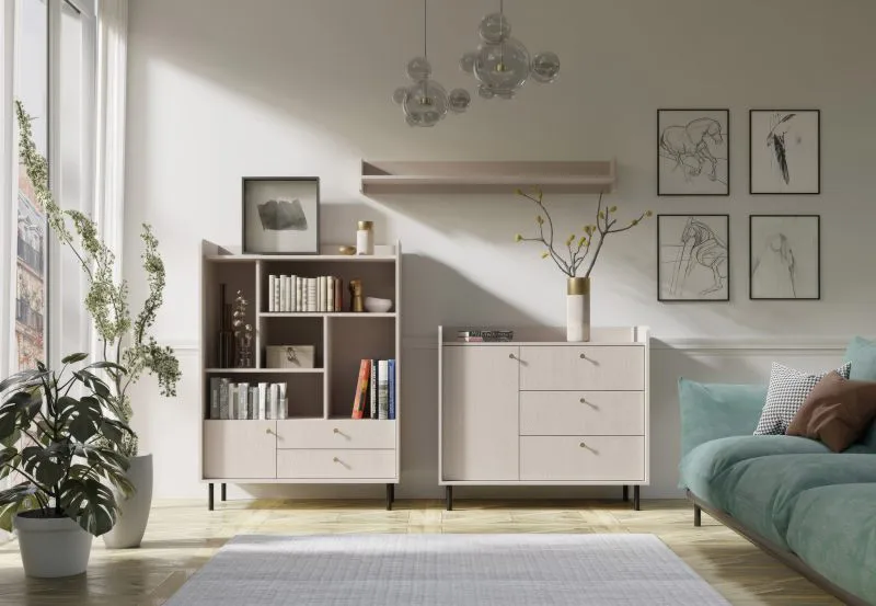 Ensemble de salon / 3 pièces / Couleur : Beige avec structure en bois / 1 tablette murale / 1 commode / 1 commode avec compartiments ouverts / Design simple et élégant