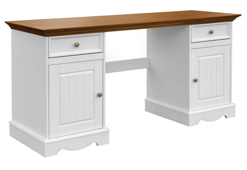 Bureau Gyronde 23, pin massif, Couleur : Blanc / Chêne - 77 x 155 x 53 cm (H x L x P)