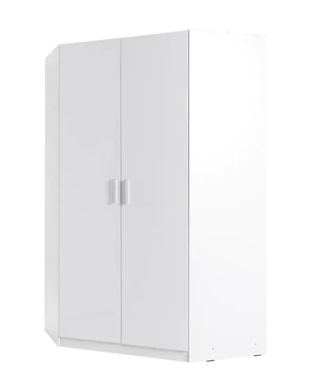 Armoire à portes battantes / armoire d'angle Messini 06, couleur : blanc / blanc brillant - Dimensions : 198 x 117 x 117 cm (H x L x P)