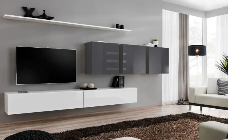 Exceptionnel meuble-paroi Balestrand 103, couleur : blanc / gris - dimensions : 150 x 340 x 40 cm (h x l x p), avec huit compartiments