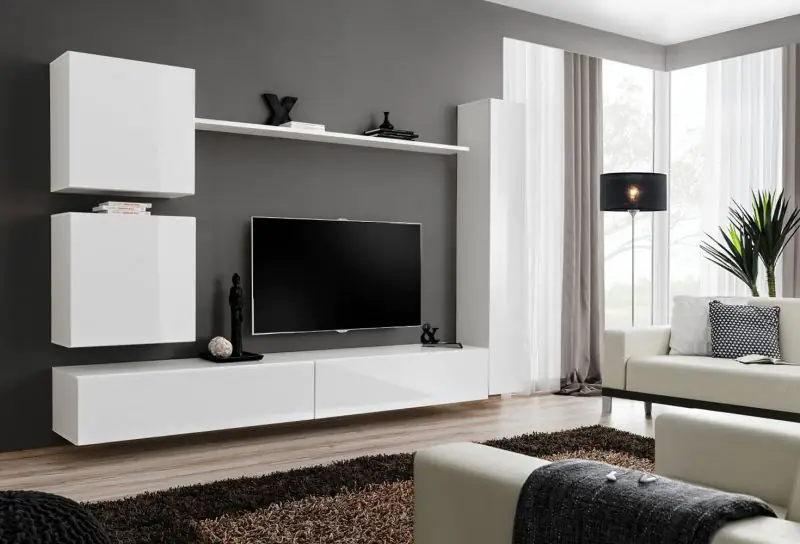 Mur de salon au design élégant Balestrand 113, Couleur : Blanc - Dimensions : 180 x 280 x 40 cm (h x l x p), avec 16 compartiments