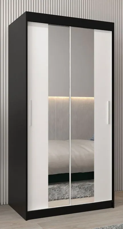 Armoire penderie à portes coulissantes avec miroir Bisaurin 1B | Noir / Blanc mat | 200 x 100 x 62 cm
