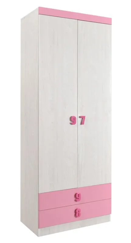 Armoire enfant Luis 19 | Portes battantes | Chêne blanc & rose | 218 x 80 x 52 cm