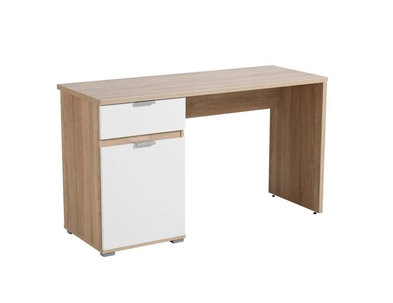 Bureau Sonomi 01 | Chêne Sonoma / Blanc | 1 tiroir, 1 porte, 2 niches | Poignées grises | 75,5 x 130 x 50 cm
