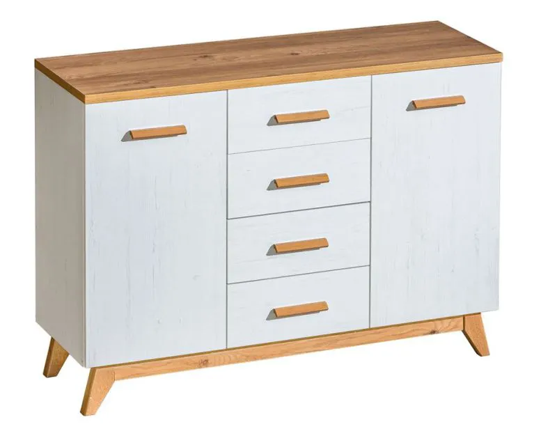 Commode Panduros 09 | Pin blanc & Chêne brun | 93 x 130 x 40 cm | 2 portes, 4 tiroirs