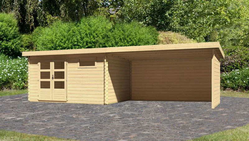 Abri de jardin SET avec toit à une pente, avec toit rapporté, paroi latérale & panneau arrière, Couleur : Naturel, surface au sol : 10,36 m².