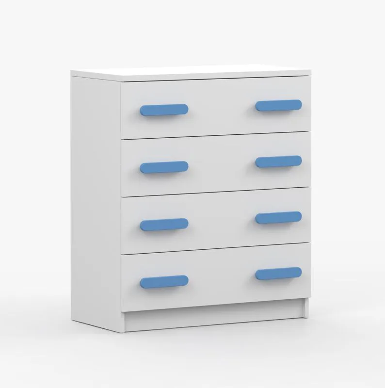 Commode 80 cm de large / 90 x 80 x 40 cm / Blanc / Smolikas 19 / 4 tiroirs spacieux / Poignées en bois bleues / Enfants / Jeunes 