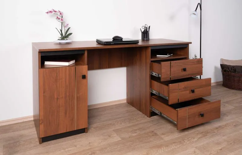 Bureau Mojokerto 06, couleur : noyer / noir - dimensions : 77 x 160 x 60 cm (h x l x p)
