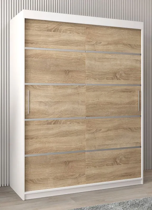 Armoire à portes coulissantes Jan 03A | Blanc mat & Chêne Sonoma | 200 x 150 x 62 cm | Design moderne