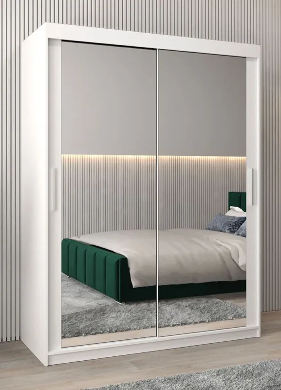 Armoire à portes coulissantes / Penderie Bisaurin 3D avec miroir, Couleur : Blanc mat - Dimensions : 200 x 150 x 62 cm ( H x L x P)