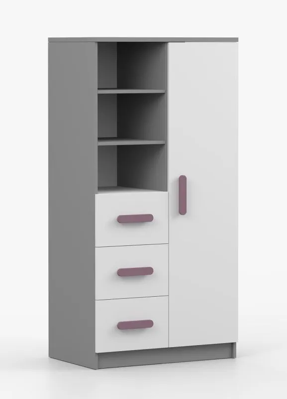 Bibliothèque 80 cm Smolikas 38 | Blanc / Gris | 3 tiroirs | 159 x 80 x 40 cm | 7 niches | poignées violettes | Enfant & Jeune