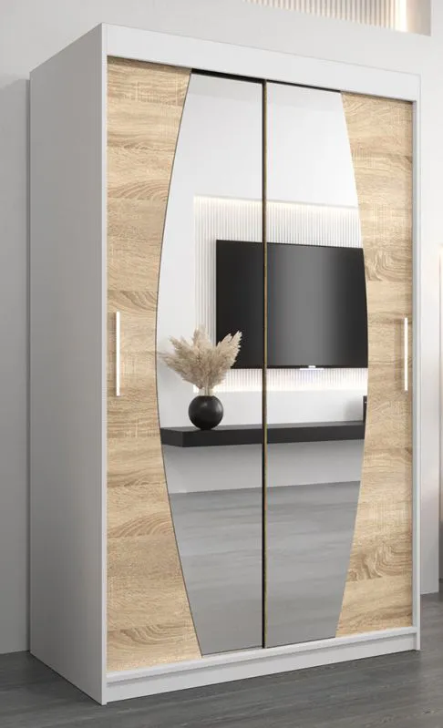 Armoire à portes coulissantes Calvitero 02 avec miroir | Blanc mat & Chêne Sonoma | 200 x 120 x 62 cm