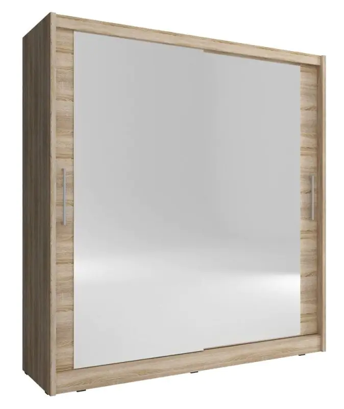Armoire à portes coulissantes avec deux portes miroir Warbreck 54, Couleur : Chêne de Sonoma - Dimensions : 200 x 180 x 62 cm (H x L x P), avec grand espace de rangement