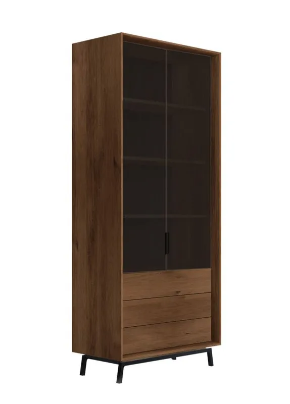 Vitrine en chêne massif huilé Salleron 08 | 3 tiroirs | 2 portes vitrées | Coloris tabac/noir | 185 x 100 x 45 cm | Push-to-open