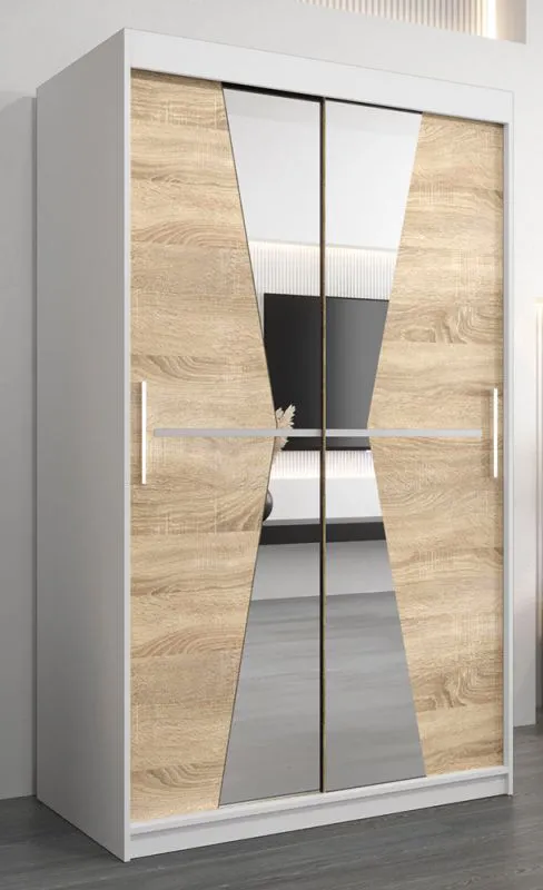 Armoire penderie à portes coulissantes Naranco 02 avec miroir | Blanc mat & Chêne Sonoma | 200 x 120 x 62 cm