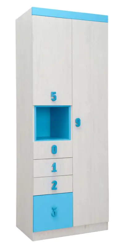 Chambre d'enfant - armoire à portes battantes / armoire Luis 11, couleur : chêne blanc / bleu - 218 x 80 x 52 cm (H x L x P)