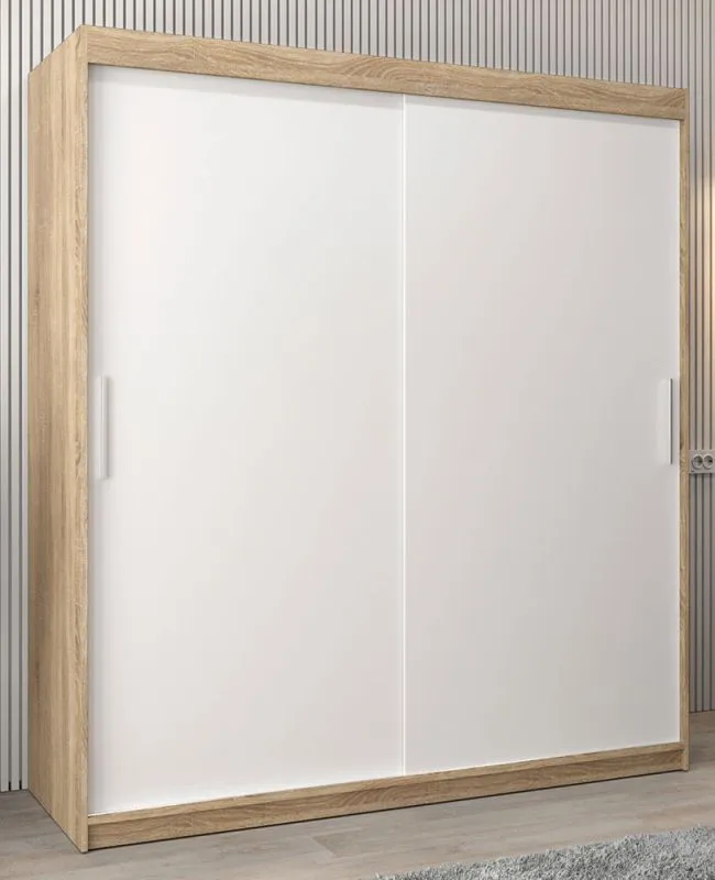 Armoire à portes coulissantes / Penderie Bisaurin 4A, Couleur : Chêne de Sonoma / Blanc mat - Dimensions : 200 x 180 x 62 cm ( H x L x P)