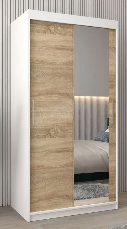Armoire à portes coulissantes Bisaurin 1C avec miroir | Blanc mat & Chêne Sonoma | 200 x 100 x 62 cm