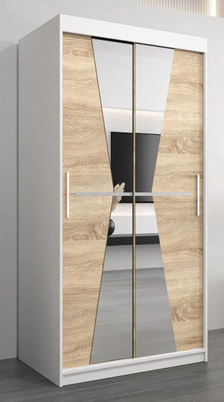 Armoire à portes coulissantes avec miroir Naranco 01 | Blanc mat & Chêne Sonoma | 200 x 100 x 62 cm