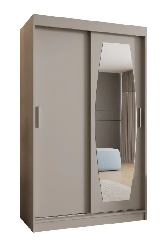 Armoire penderie coulissante Musala 08 | 1,2 m large | Finition cachemire | 1 porte miroir | 5 compartiments | 2 tringles | Rails aluminium