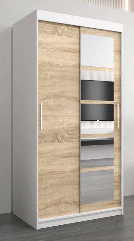 Armoire à portes coulissantes / Penderie Aizkorri 01A avec miroir, Couleur : Blanc mat / Chêne de Sonoma - Dimensions : 200 x 100 x 62 cm (H x L x P)