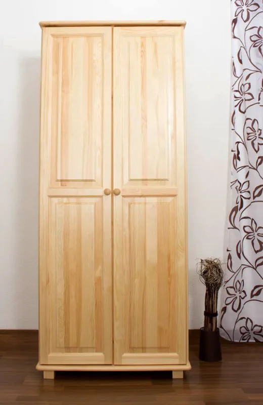 Étroite Armoire | 2 portes battantes | 4 casiers | avec tringle à vêtements | 80 cm de large | Bois massif | Couleur: Naturel Abbildung